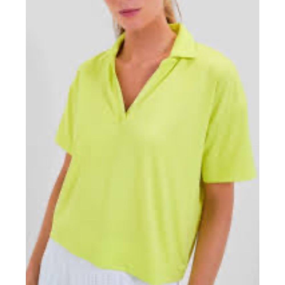 Tuckernuck Sport Performance Polo Womens Large Neon Yellow Cropped Boxy Fit Golf